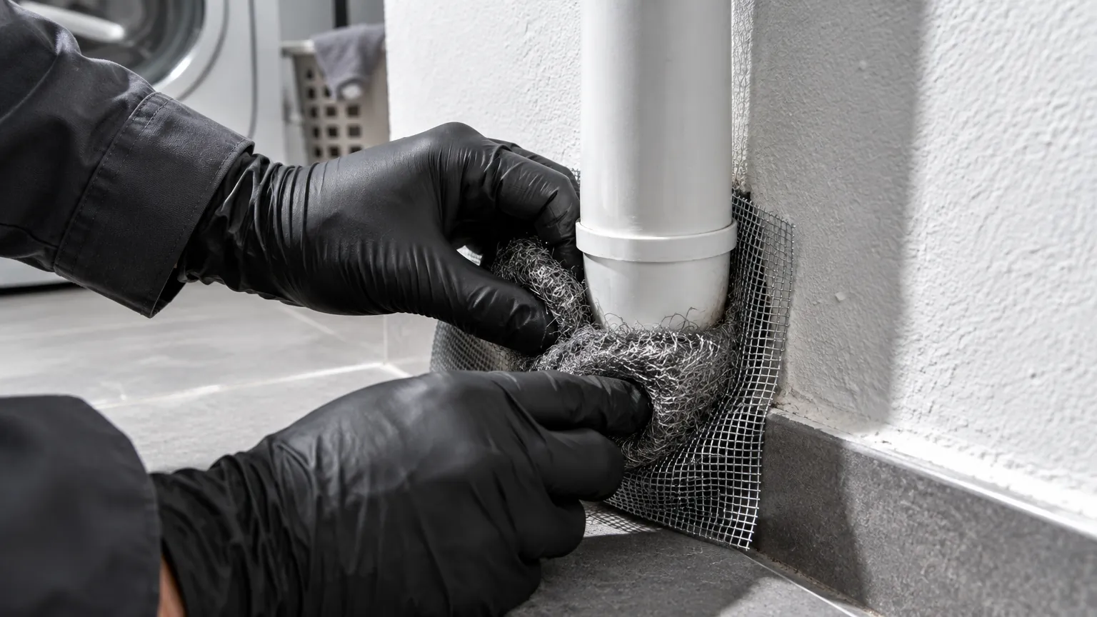 Passage de tuyau calfeutré avec de la laine d’acier et du mastic au pied d’un mur