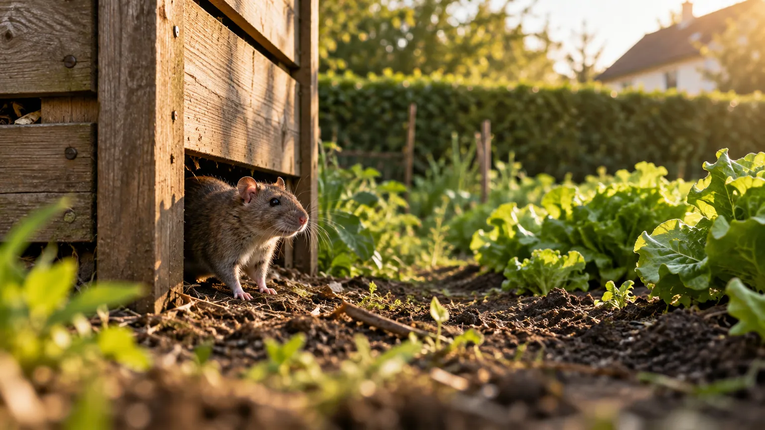 Composteur en bois au fond d’un jardin, avec un trou de terrier de rat à sa base