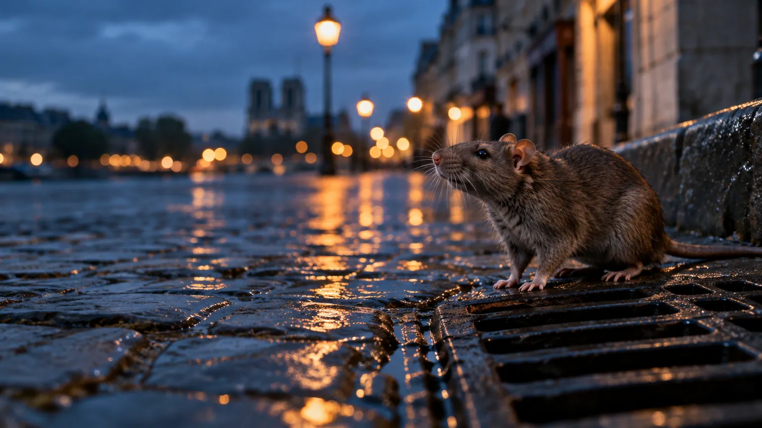 Rat brun au bord d’une grille d’égout sur des pavés mouillés