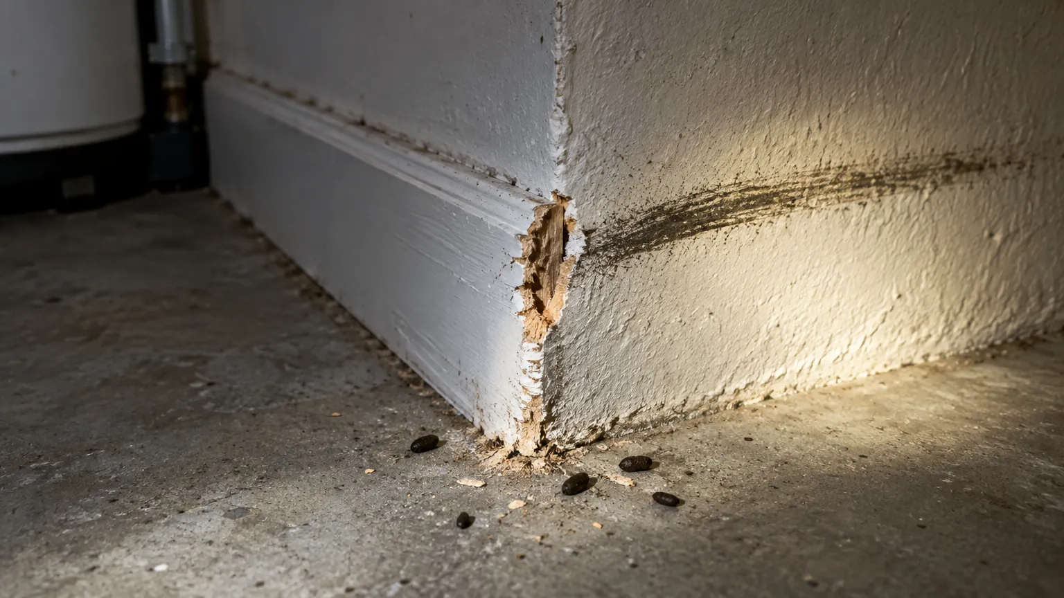 Crottes de rat et traces de rongement au pied d’un mur de cave