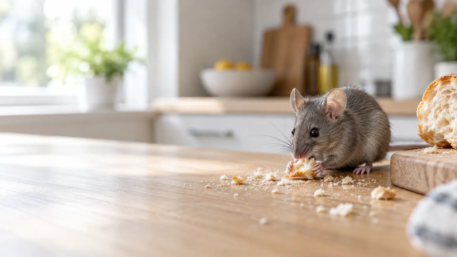 Souris grise grignotant une miette de pain sur un plan de travail