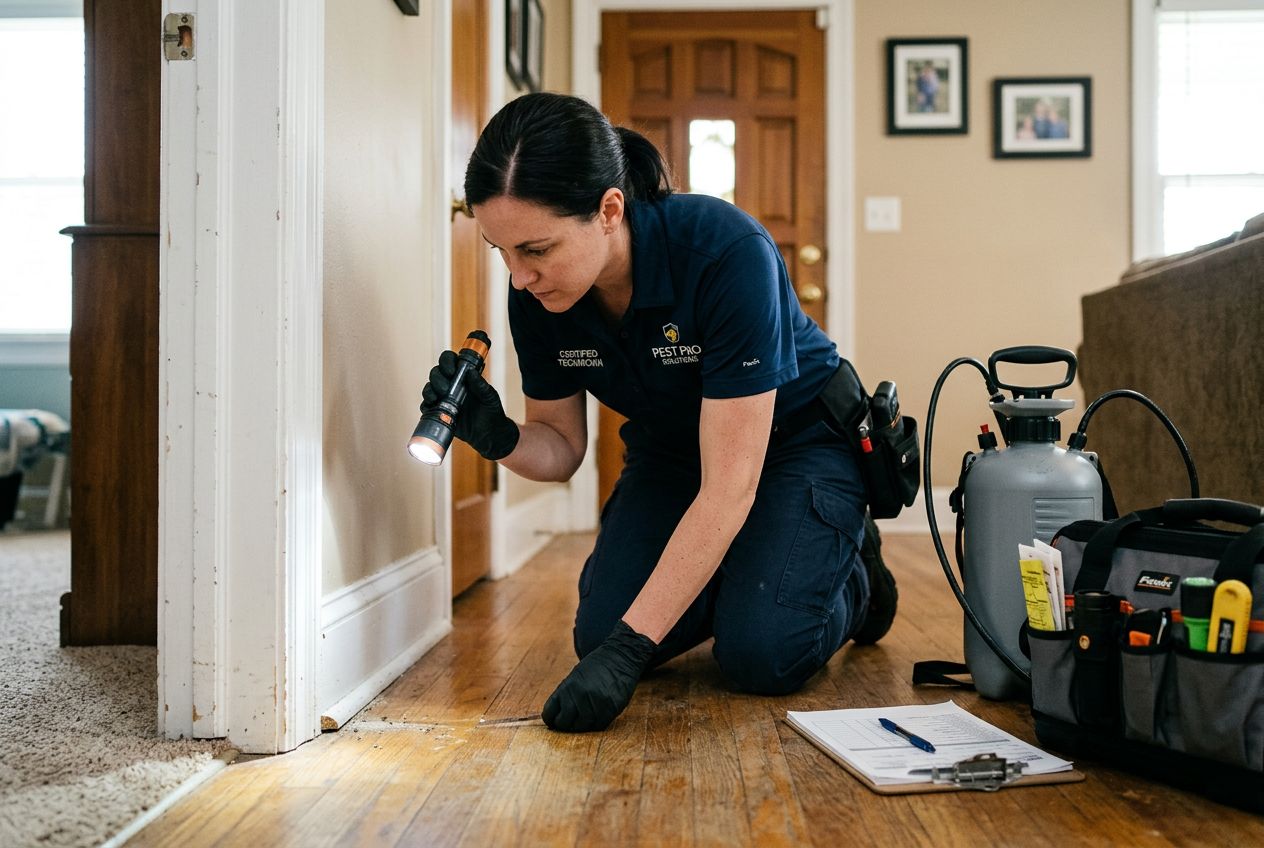 Technicien professionnel en dératisation inspectant les points d'entrée des rongeurs dans une habitation