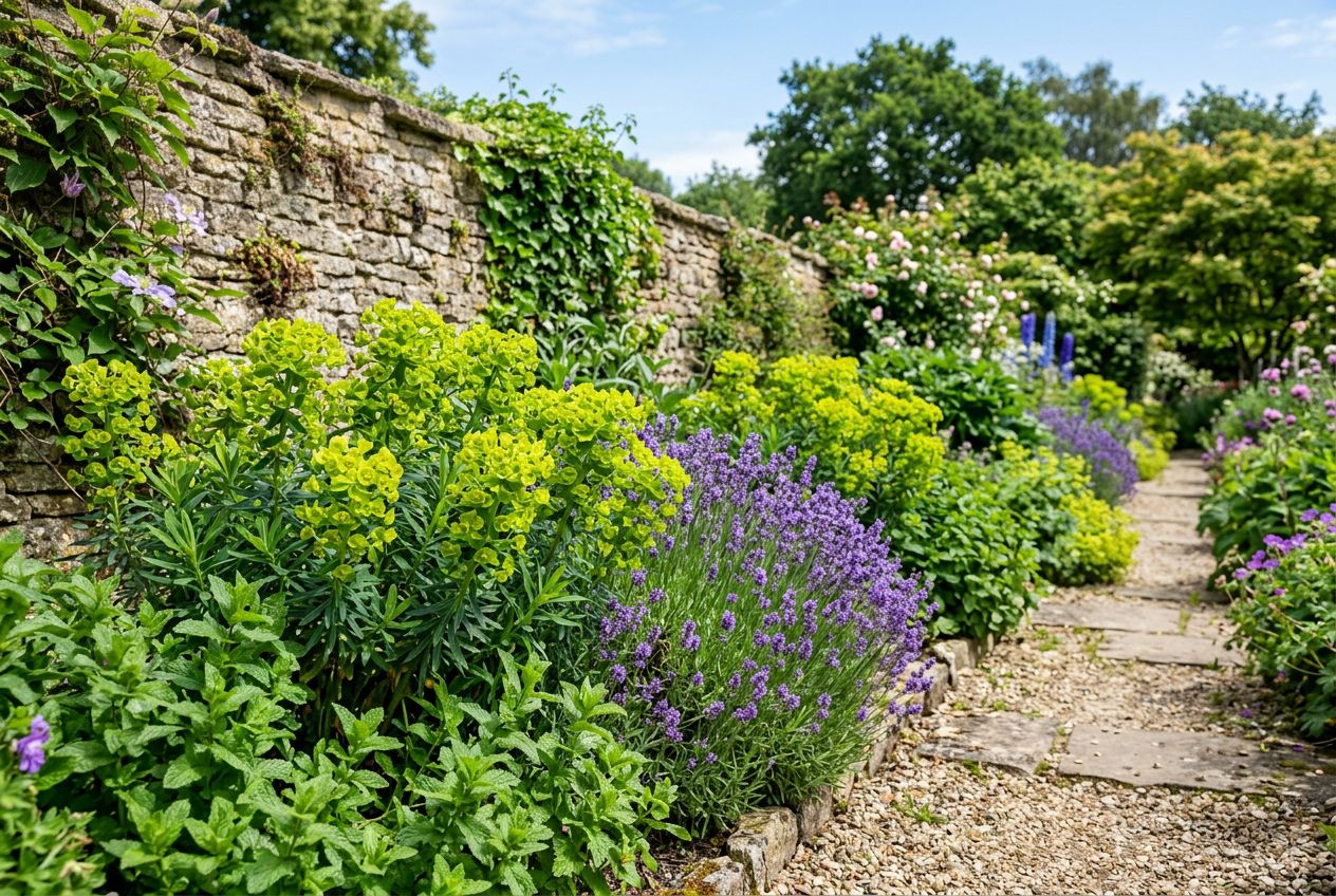 Plantes répulsives contre les rats en bordure de jardin : euphorbe, lavande et menthe
