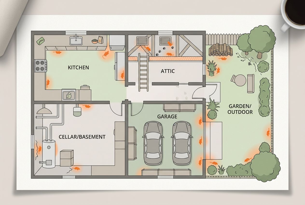 Plan de maison indiquant les zones prioritaires à inspecter pour identifier les rats