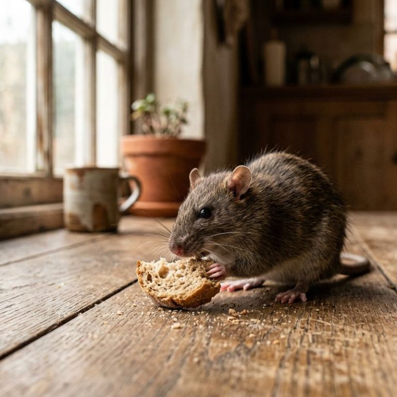 A small brown rat nibbling on a piece of stale bread lying on a worn wooden kitchen floor, soft natural light filtering through a nearby window, rustic and slightly aged domestic interior with subtle shadows, photorealistic style with warm earthy tones and shallow depth of field focusing on the rat and bread.