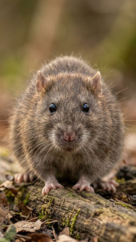Close-up frontal portrait of a wild brown rat, detailed fur texture, whiskers catching soft natural light, curious black eyes looking directly at camera, shallow depth of field, professional wildlife photography style, neutral earthy background, warm natural lighting, sharp focus on face, photorealistic rendering.