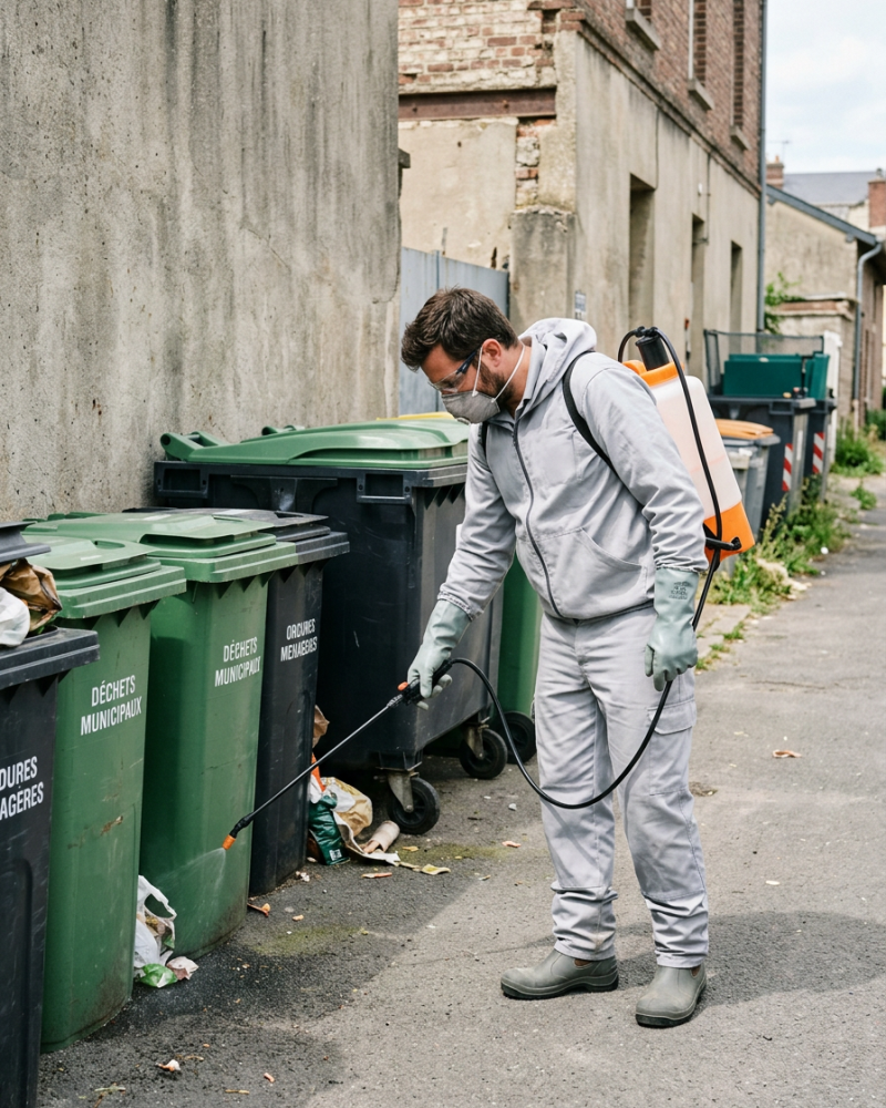 Un dératiseur qui est en train d'appliquer une solution biocide autour des poubelles.