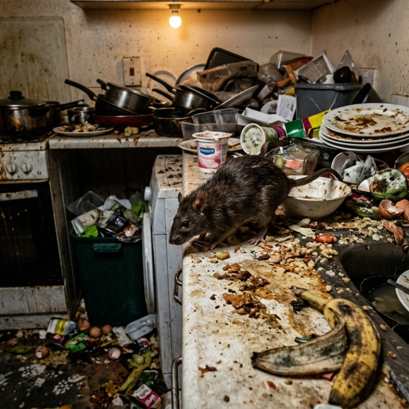 Un rat dans une cuisine très sale